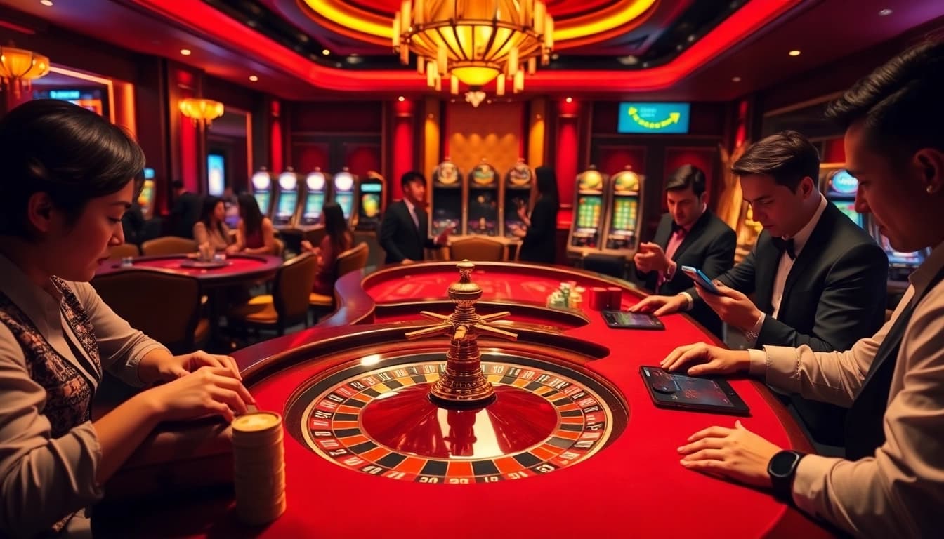 98win casino scene with roulette wheel and engaged players in a luxurious atmosphere