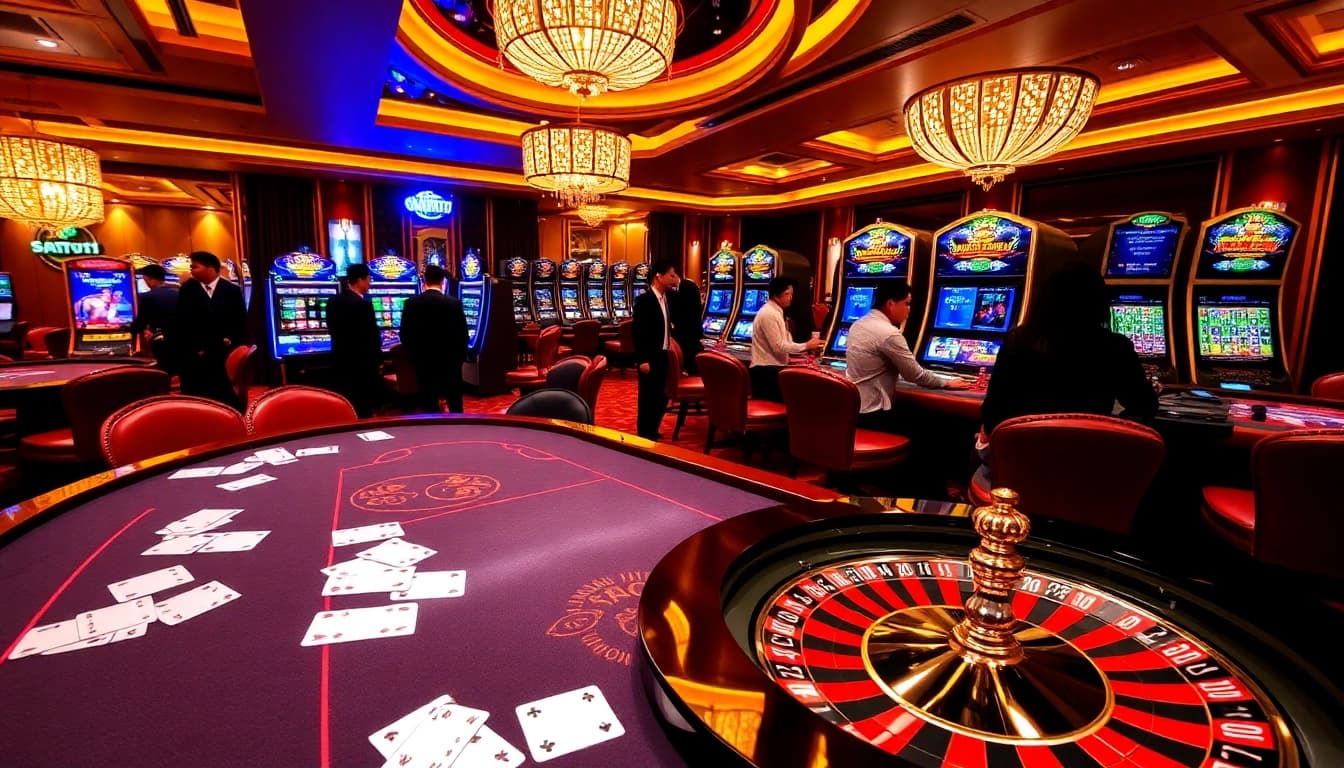 Situs11 gambling scene featuring vibrant slot machines, professional table games, and excited players.