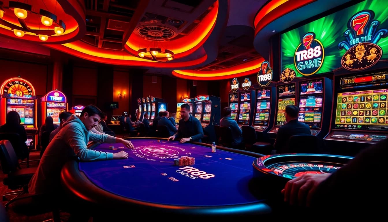 Experience TR88 GAME excitement with vivid casino visuals, featuring poker and slots action.