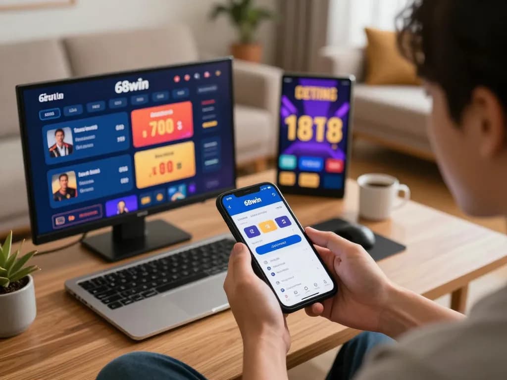 Betting with 68win on a mobile app in a comfortable living room setting.