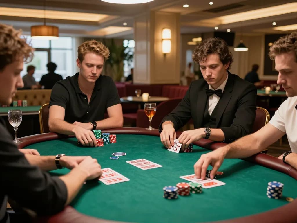 Players strategizing at an intense MMOO poker table, vibrant chips and cards creating a thrilling atmosphere.