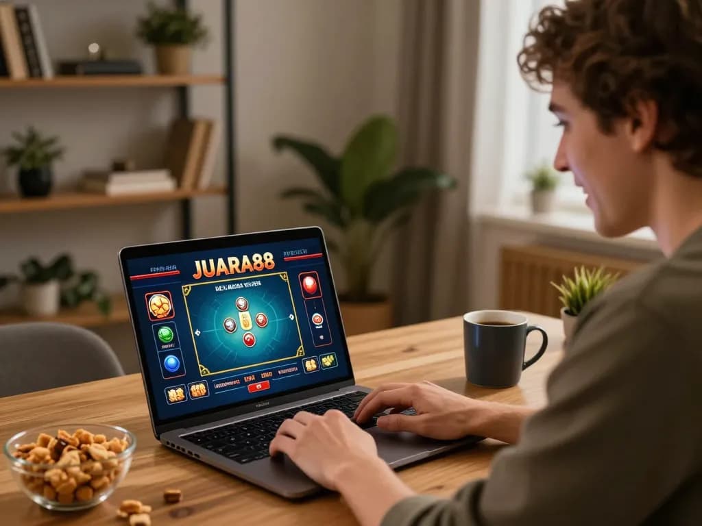 Engaging player on JUARA88 during online casino session, focused on gaming interface at home office.