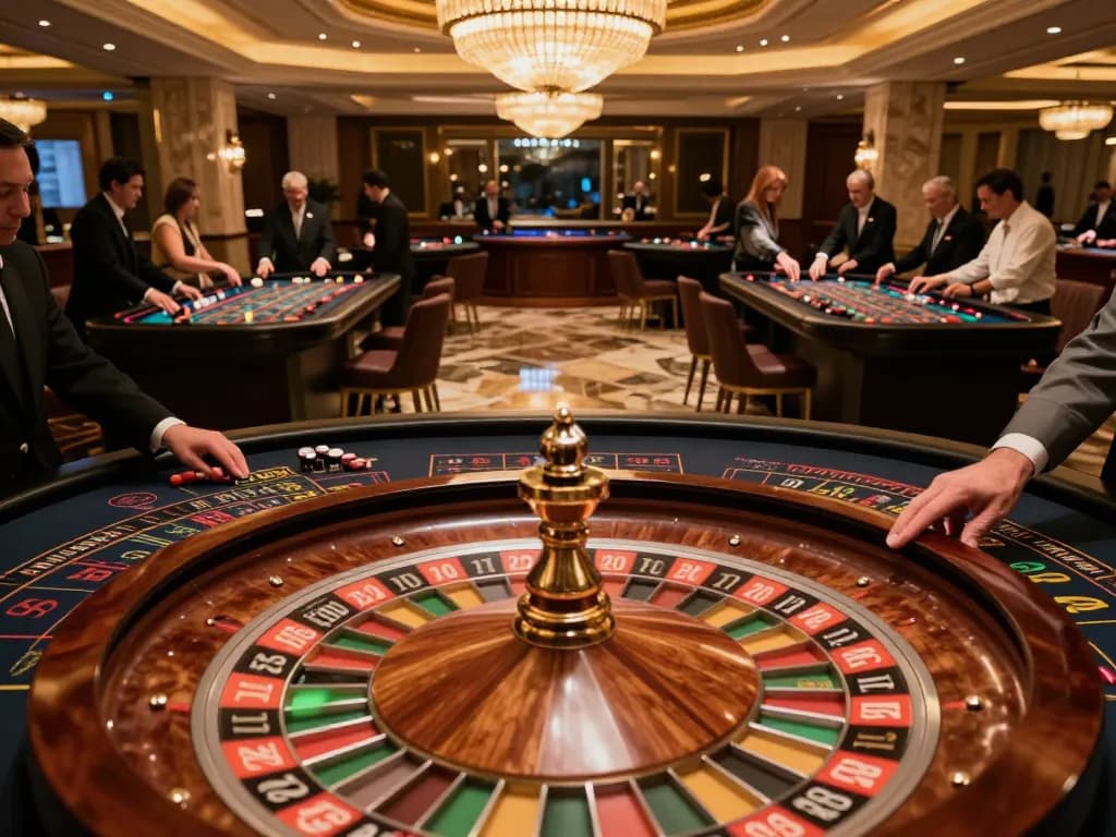 Players placing bets at KP88's elegant roulette tables, capturing the thrill of the casino experience.