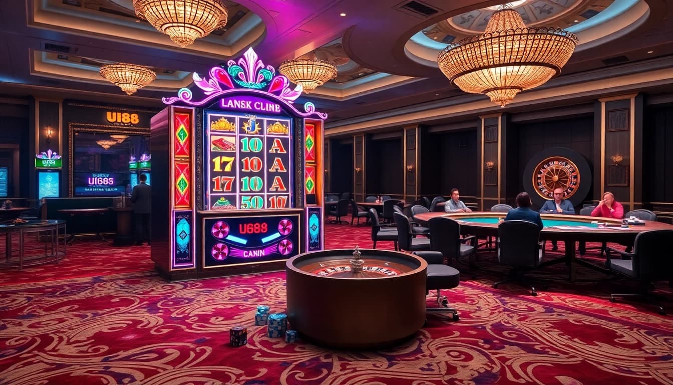 Experience the thrill of uu88 with an exciting casino scene featuring stylish slot machines and engaged players.