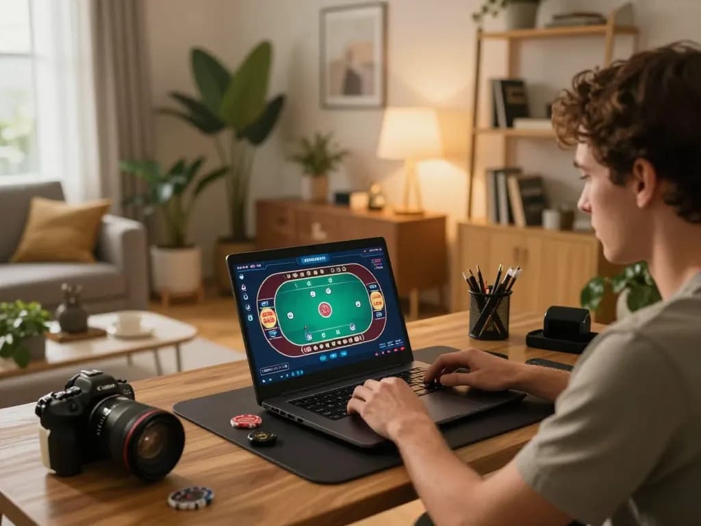 Engage in online casino gaming on tg88 with a modern home setup featuring a poker game interface.