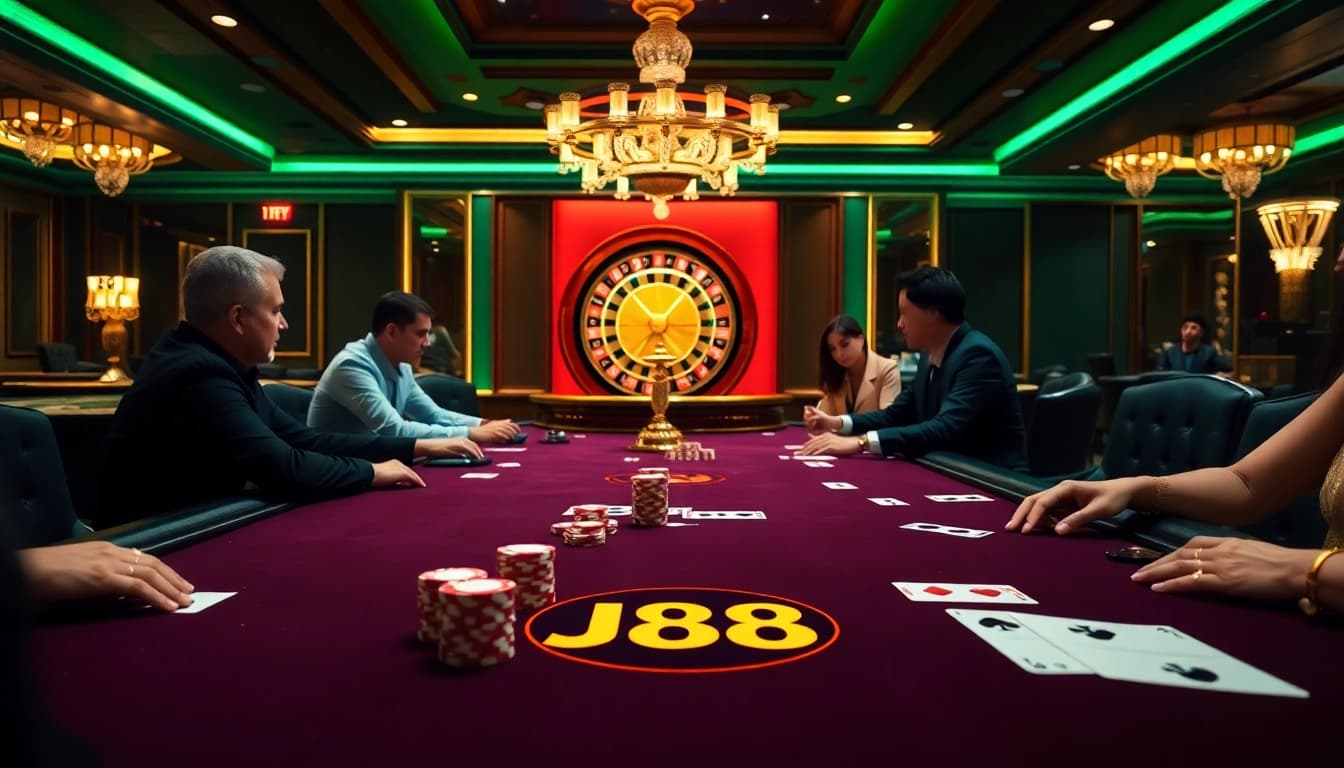Players engage in a thrilling card game at J88 casino, showcasing excitement and luxury.