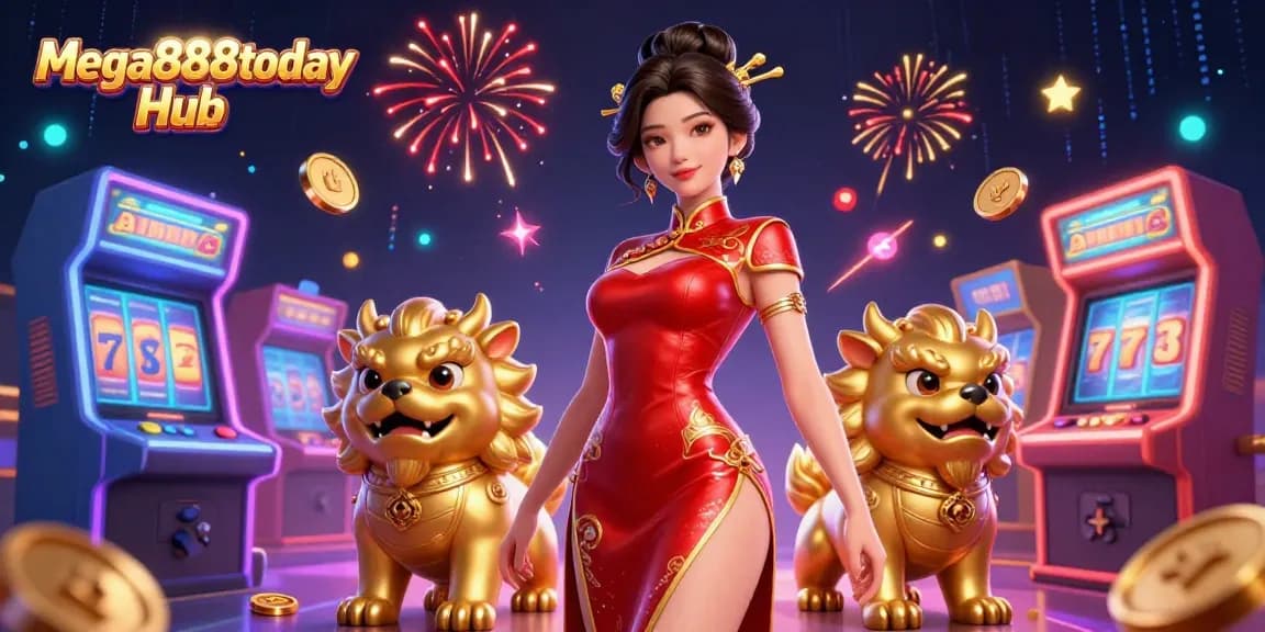 Experience thrilling gaming action at Mega888today Hub with vibrant slot machines and a glamorous atmosphere.
