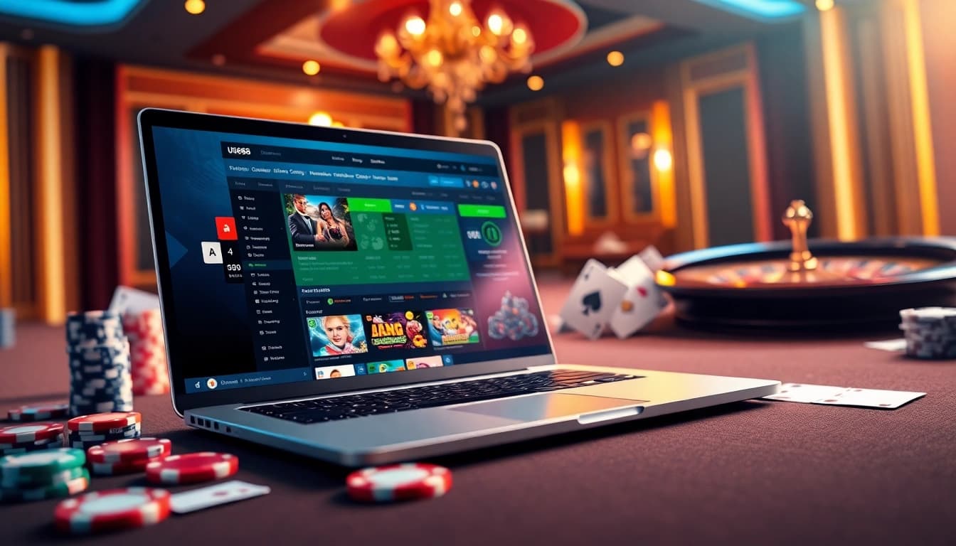 UU88 online gambling platform showing casino games on a laptop, conveying excitement and professionalism.