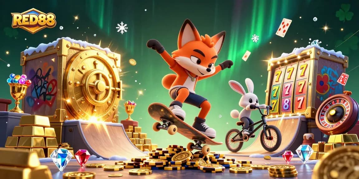 Join the fun with RED88, showcasing a vibrant casino scene full of exciting gaming elements.