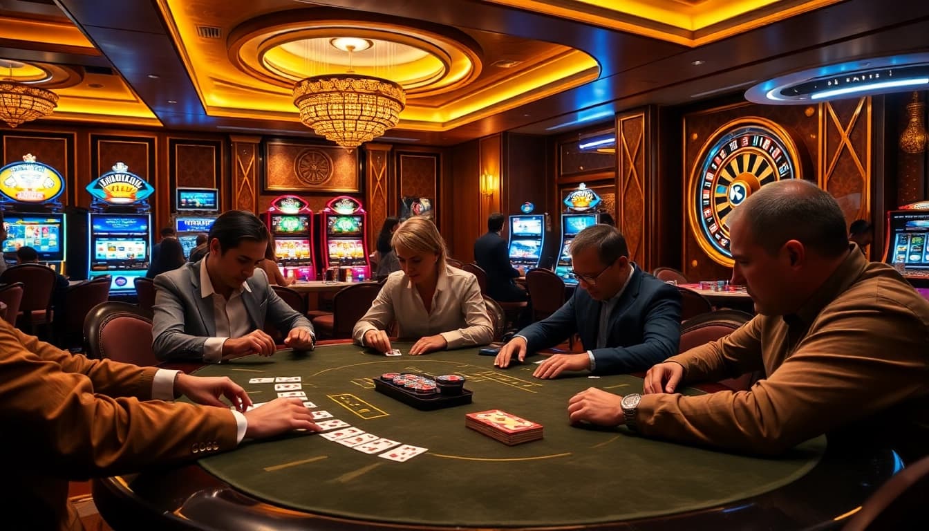 Gambling excitement at a poker table highlighting nhacaiuytinvn.us.com as a trusted site.