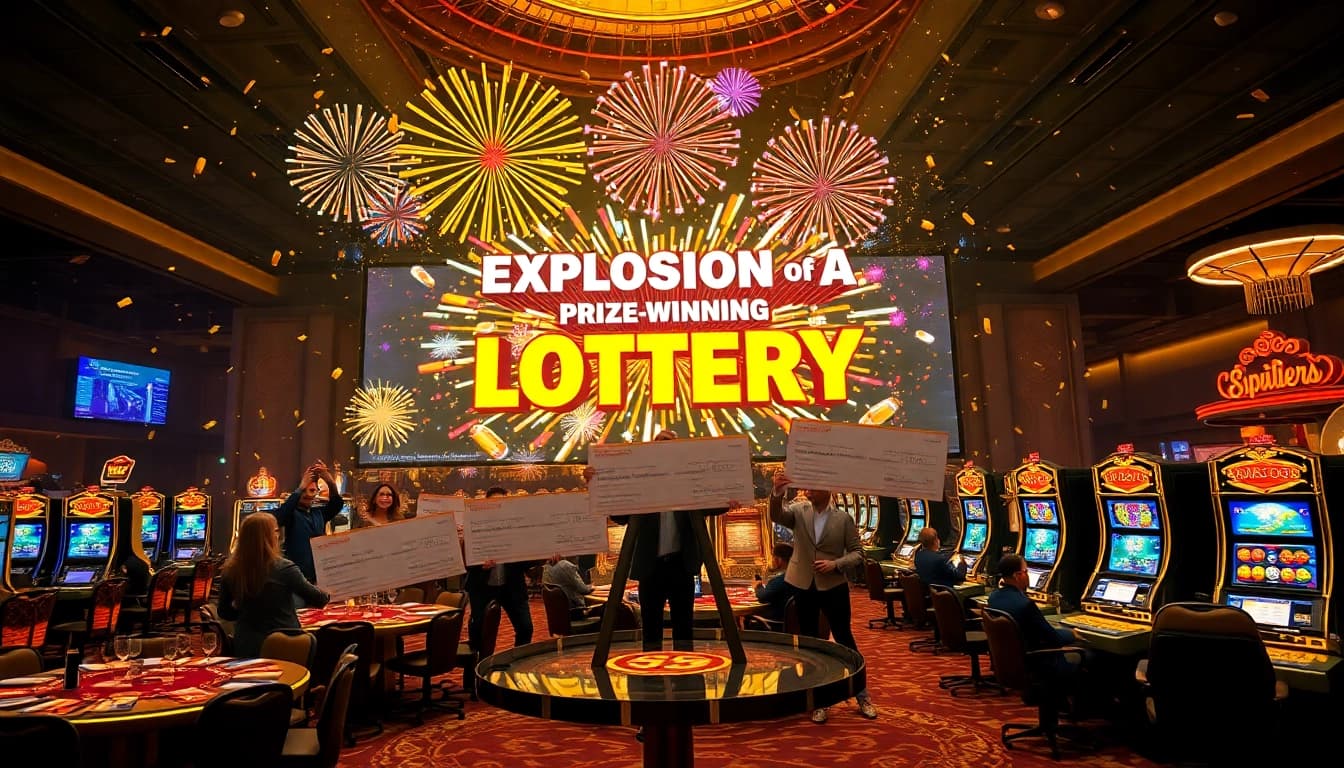 Explosion of a prize-winning lottery celebration with excited winners at a luxurious casino.