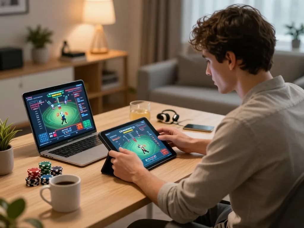 Player engaging in online poker gaming with G28 app on tablet and poker strategies visible