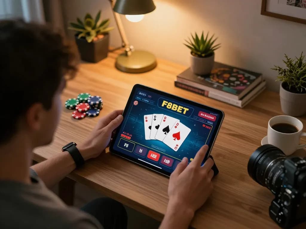 Engaging with the F8BET app for a dynamic online gaming experience at home.