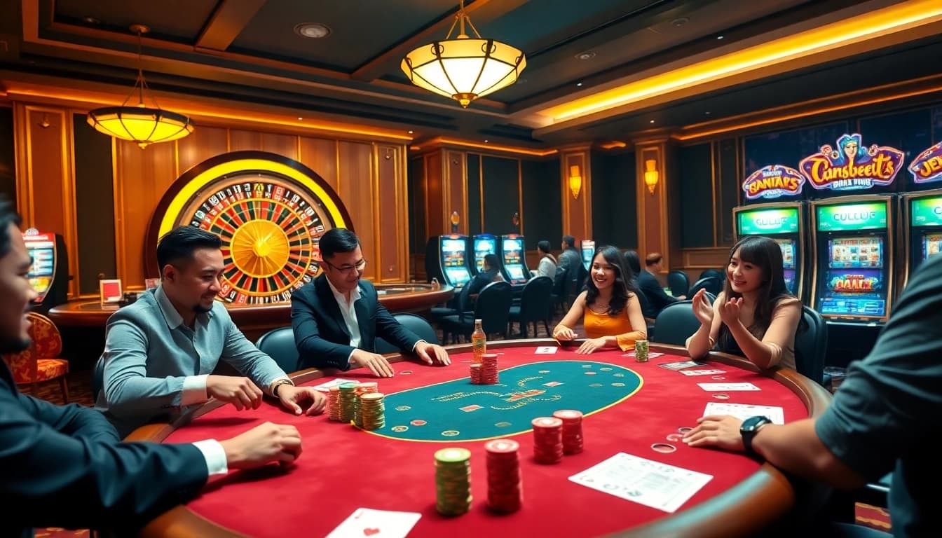 Excited players at https://gk88live.it.com/ enjoy a high-stakes poker game under luxurious lighting.