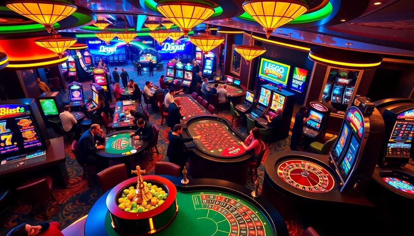 Players enjoying the excitement of gambling at lego138 with vibrant casino tables and slot machines.
