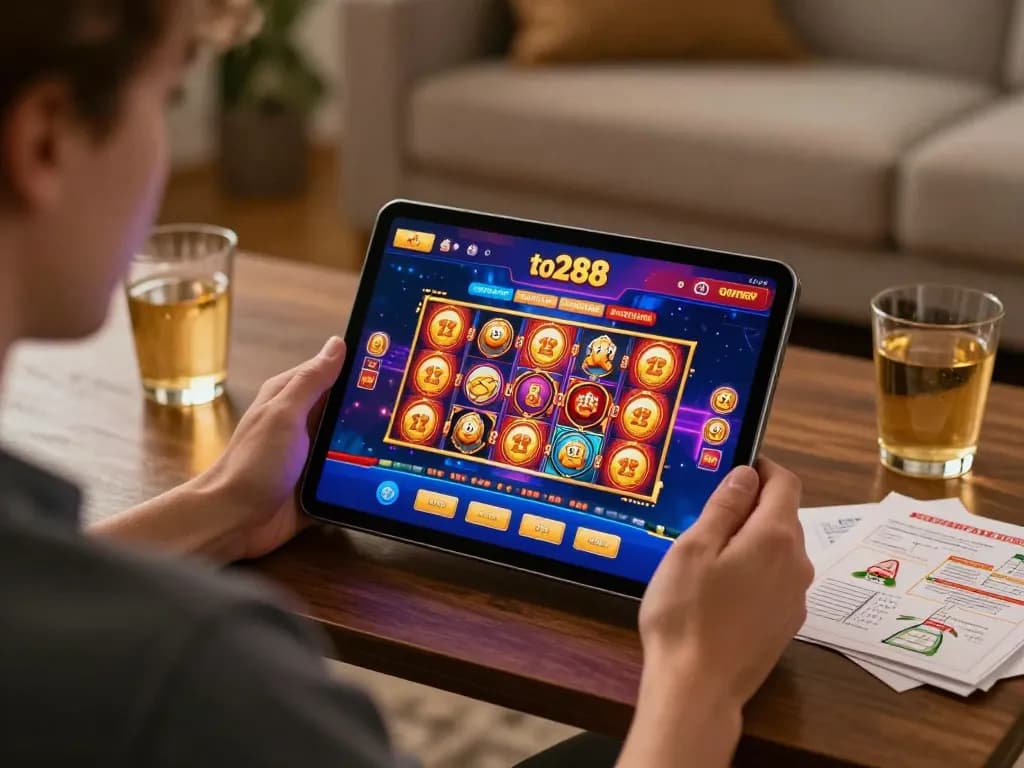 Engaging with to288 gaming platform on tablet in cozy home setting, emphasizing online casino excitement.