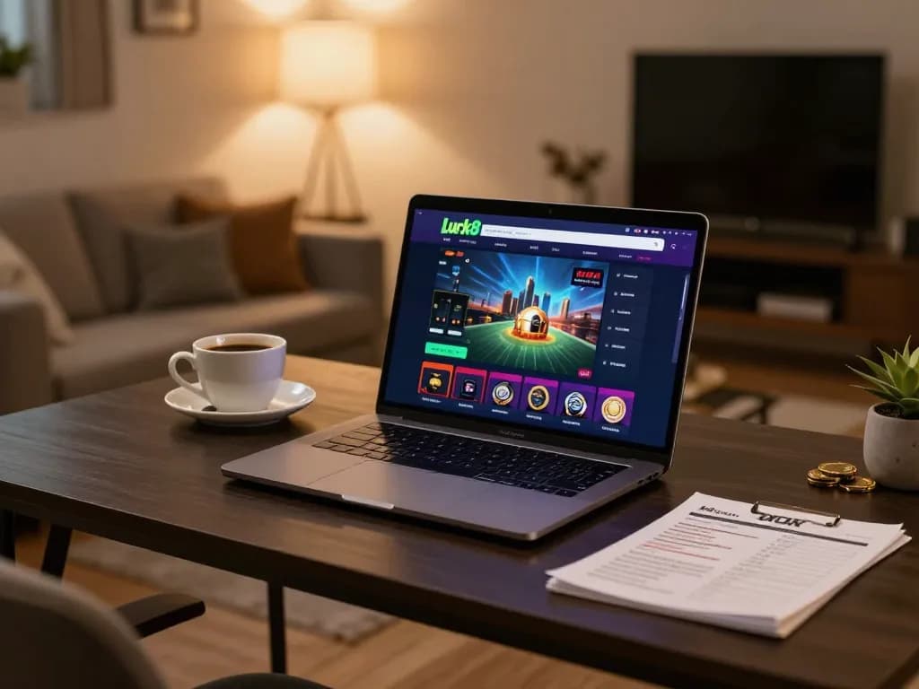 Engaging online gaming session on Luck8 net with laptop and strategy notes.