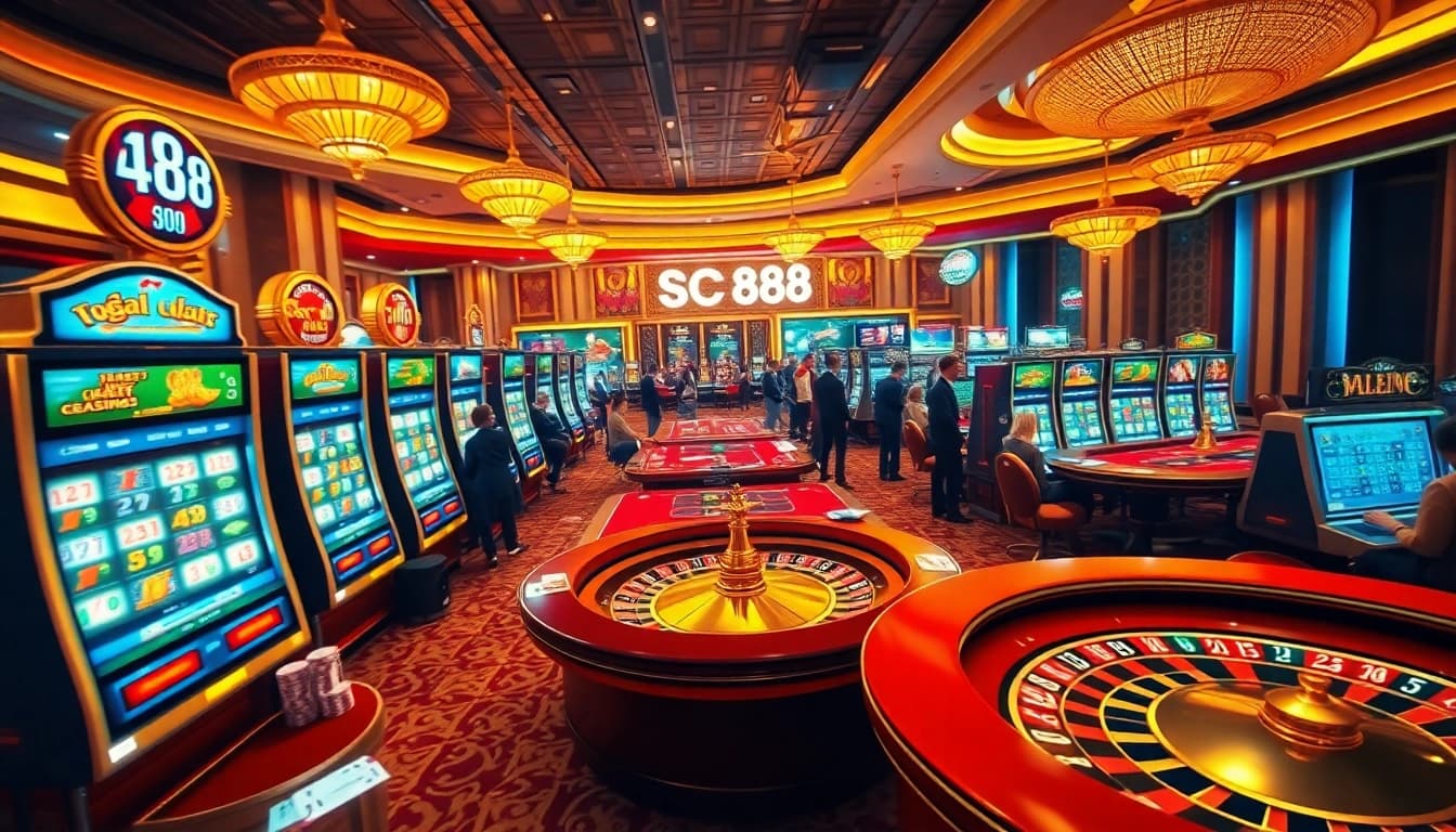 Players enjoying thrilling casino games at SC88, featuring vibrant slot machines and poker tables.