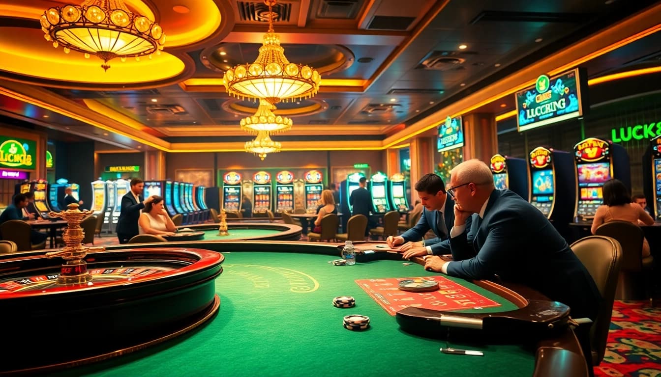 LUCK8 casino experience showcasing players engaged at roulette and slot machines.