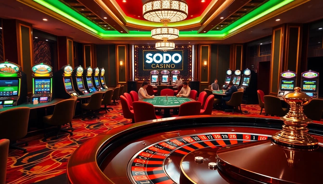 Players enjoying thrilling games at SODO Casino with vibrant slot machines and roulette tables.