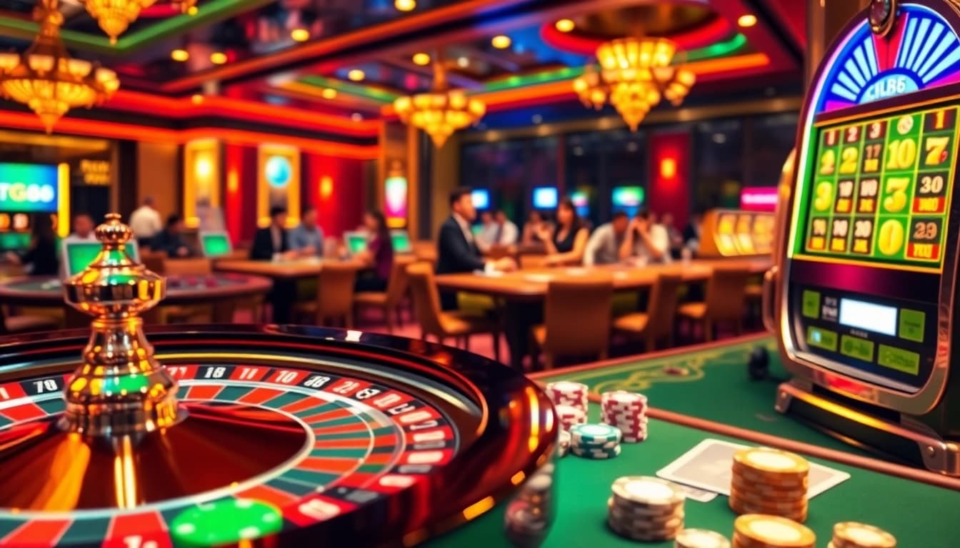 Exciting TG88 casino experience with vibrant slot machines and roulette, showcasing a thrilling gambling atmosphere.