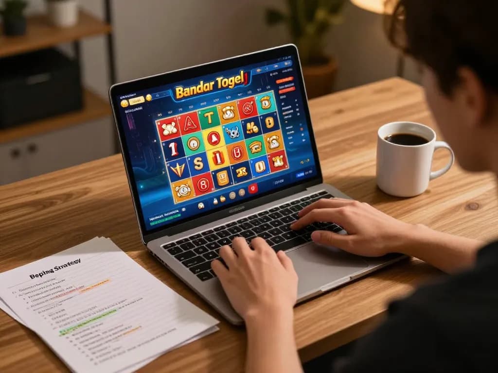 Engaged player participating in bandar togel online with vibrant game interface on laptop.
