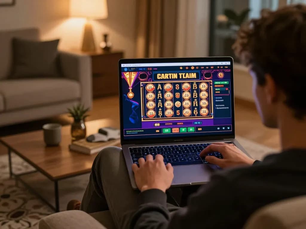 cm88 user engaging in online casino gaming with laptop showing vibrant games