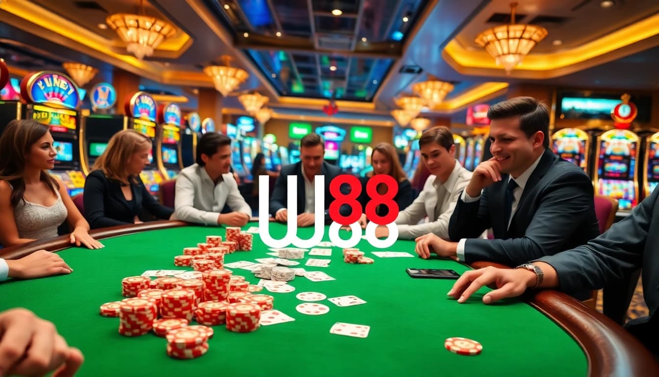 Engage in a thrilling poker game at UU88's luxurious casino featuring vibrant slot machines and elegant players.