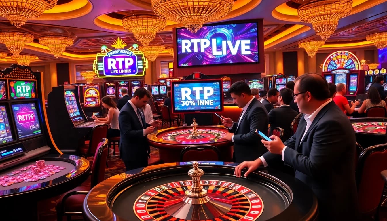 Experience RTP Live highlights with players engaging at a modern casino, emphasizing thrilling gambling moments.