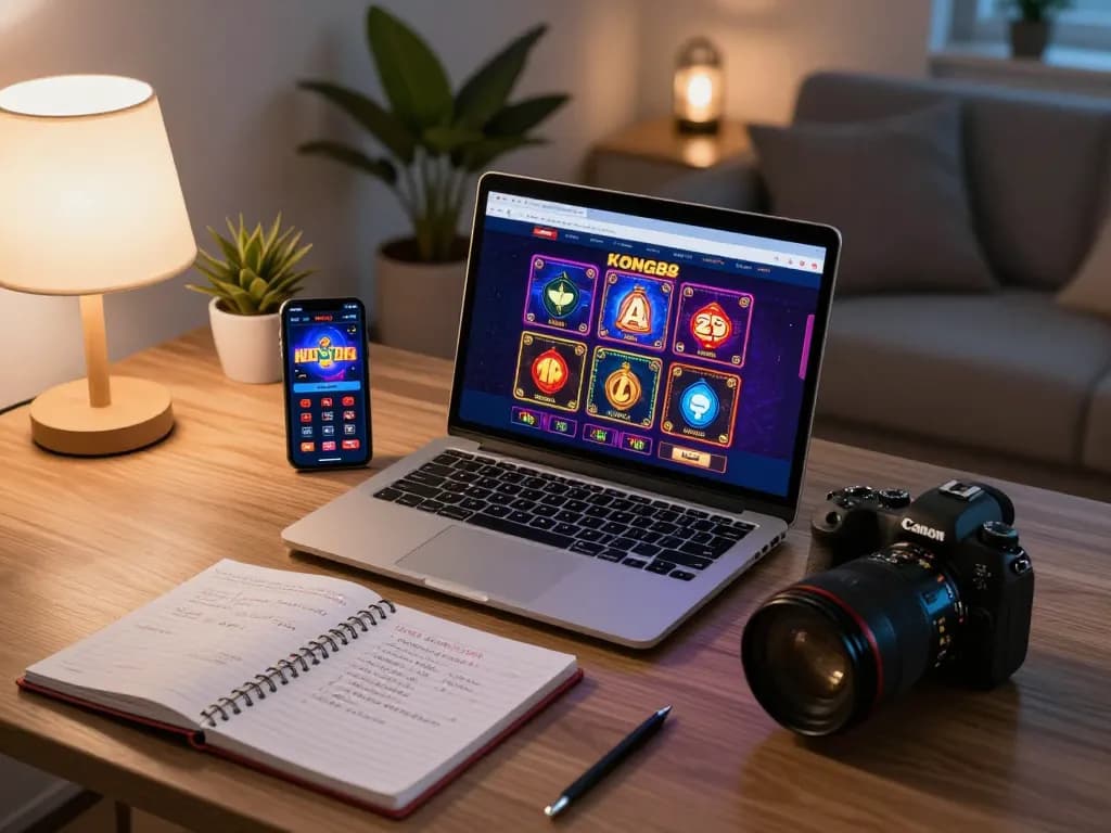 KONG88 online gaming setup with laptop, smartphone, and strategic notes in a modern home office.