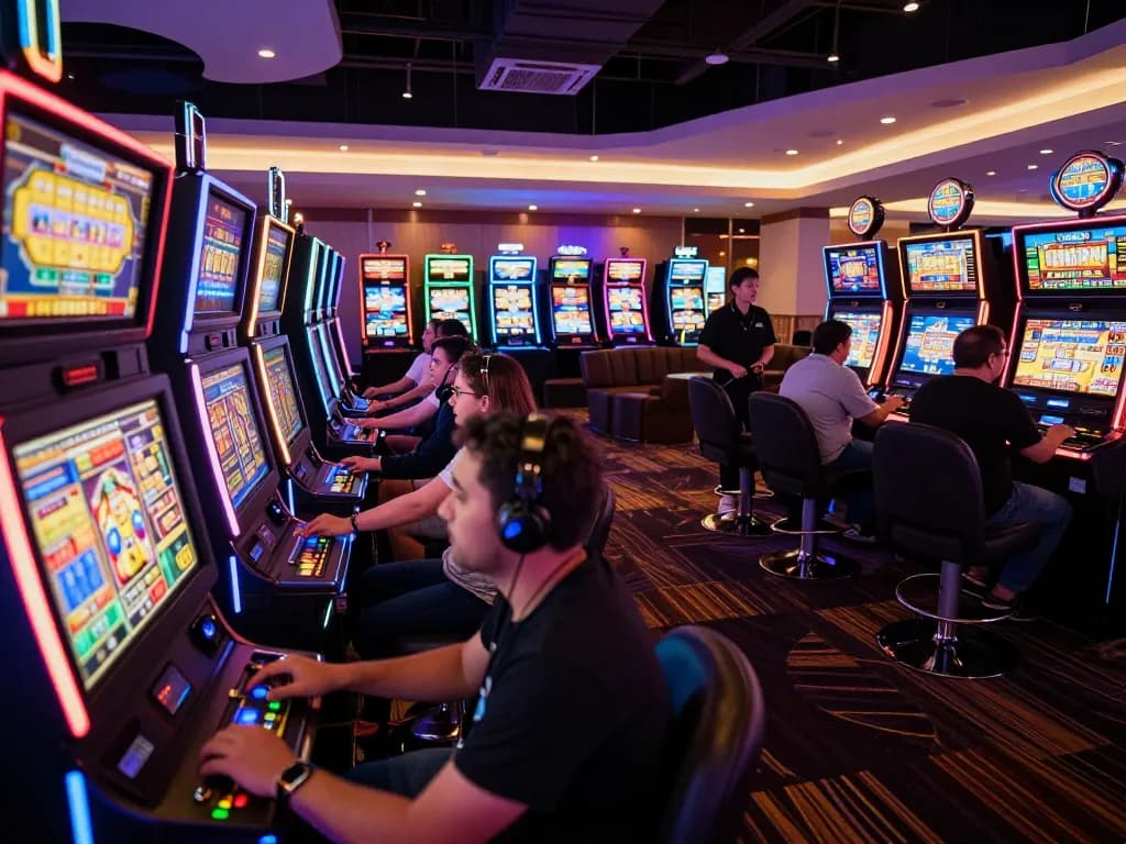SC88 players enjoying vibrant slot machines in a lively casino setting, showcasing excitement and engagement.