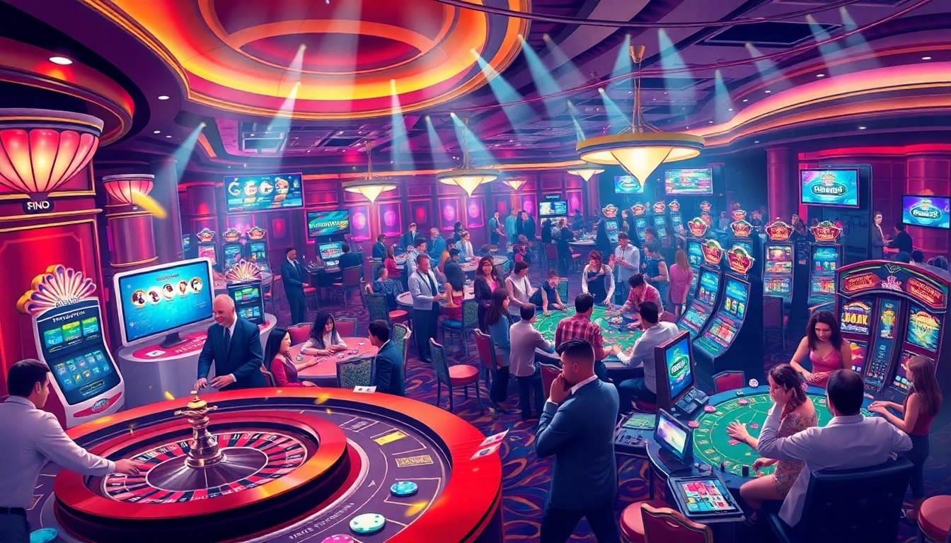 Gamblers enjoying an exciting casino ambiance at https://nk88vip.it.com/ with spinning roulette and vibrant games.