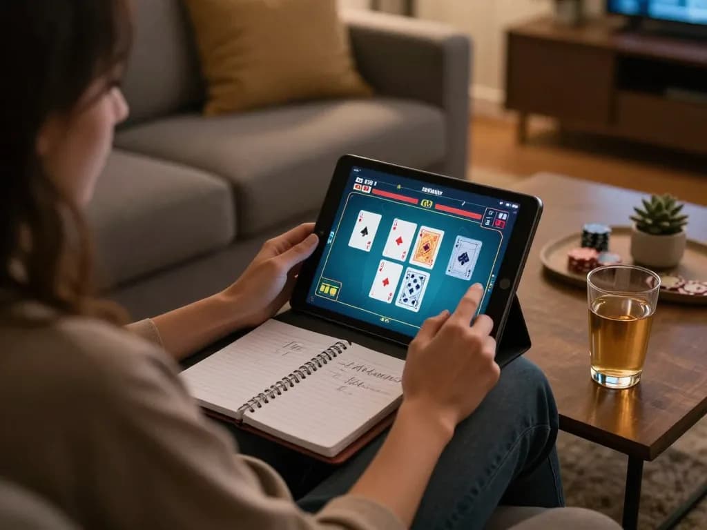 Engaging in poker on link domino88 using a tablet in a cozy home atmosphere.