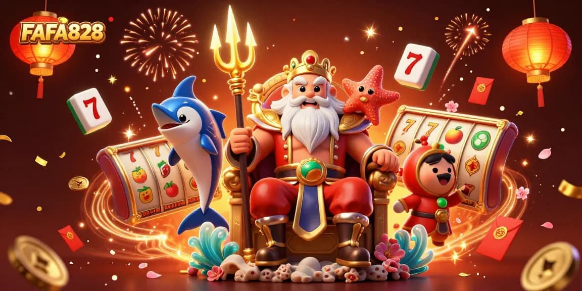 Experience FAFA828's exciting slot action with Neptune and friends amidst celebratory visuals.