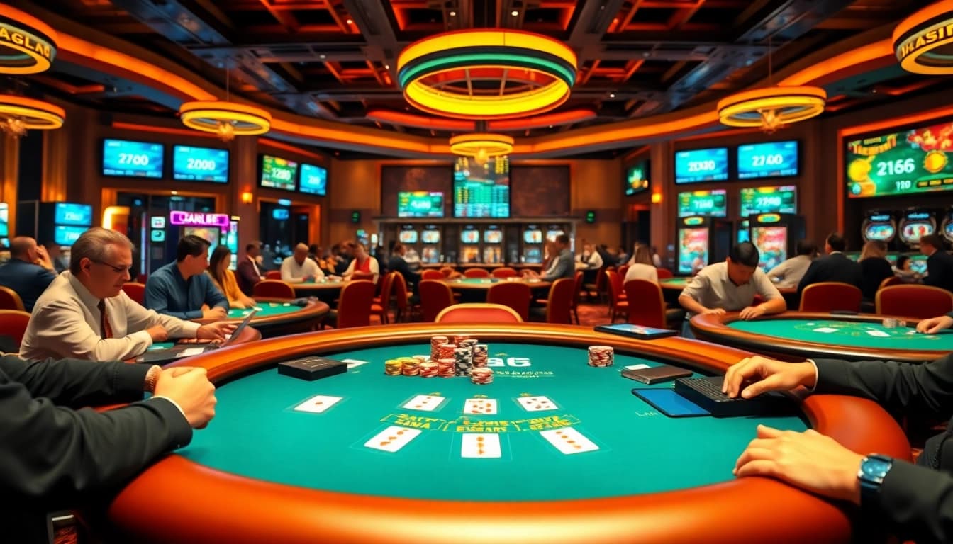 Katsu5 Alternatif menghighlight permainan kasino dengan suasana yang penuh semangat dan meja blackjack yang ramai.