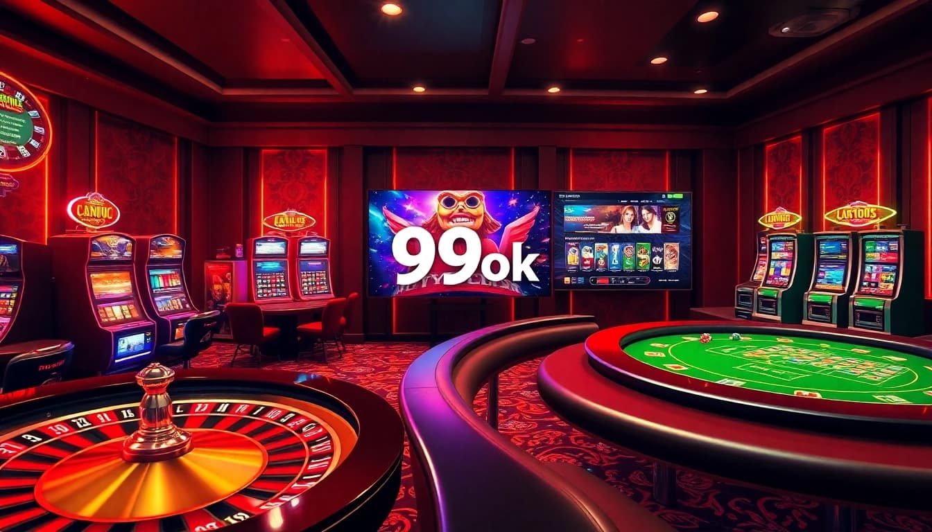 Experience the thrill of online gambling with 99ok's stylish casino setting, featuring vibrant slot machines and a roulette wheel.