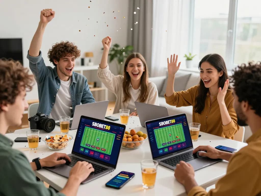 SBOBET88 betting celebration with friends in a modern living room.