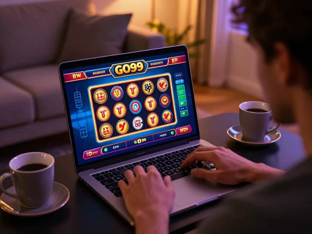 Engaging with GO99 online casino gaming on a laptop from a cozy home setup.
