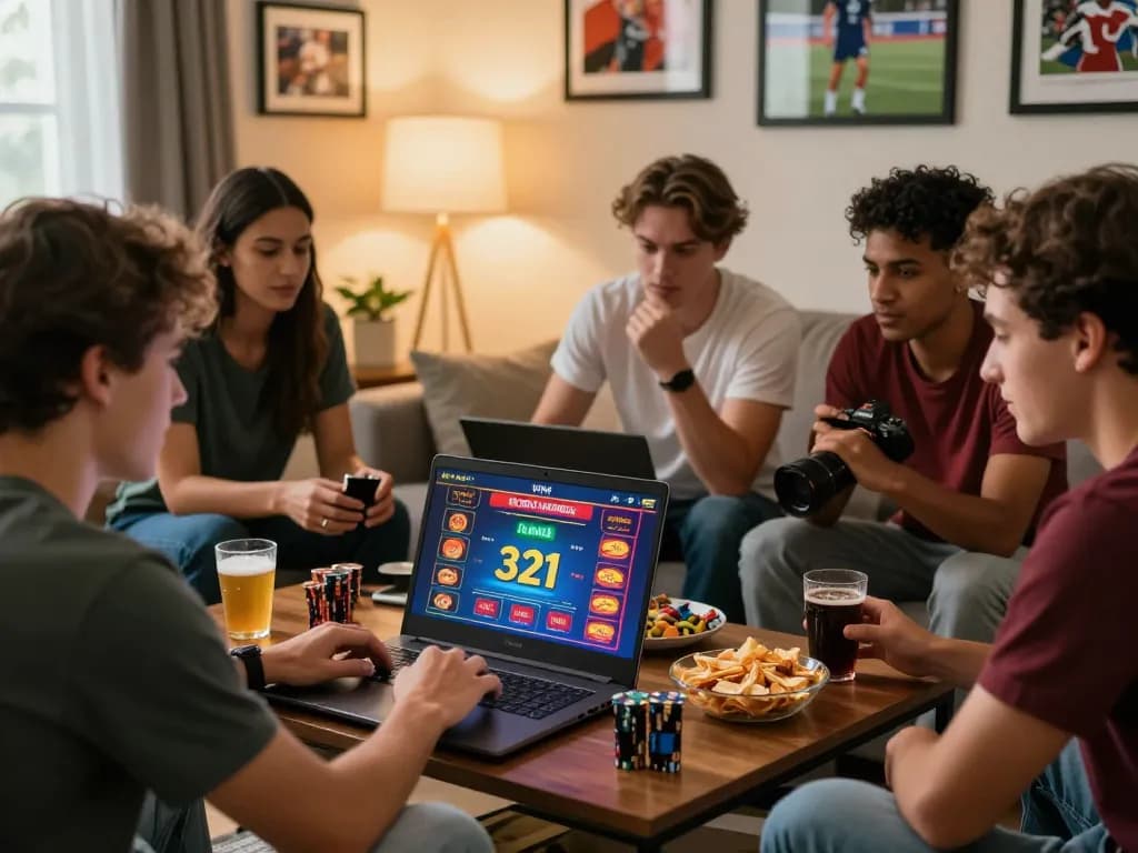 Friends enjoying online gambling on 32win platform with vibrant game graphics.