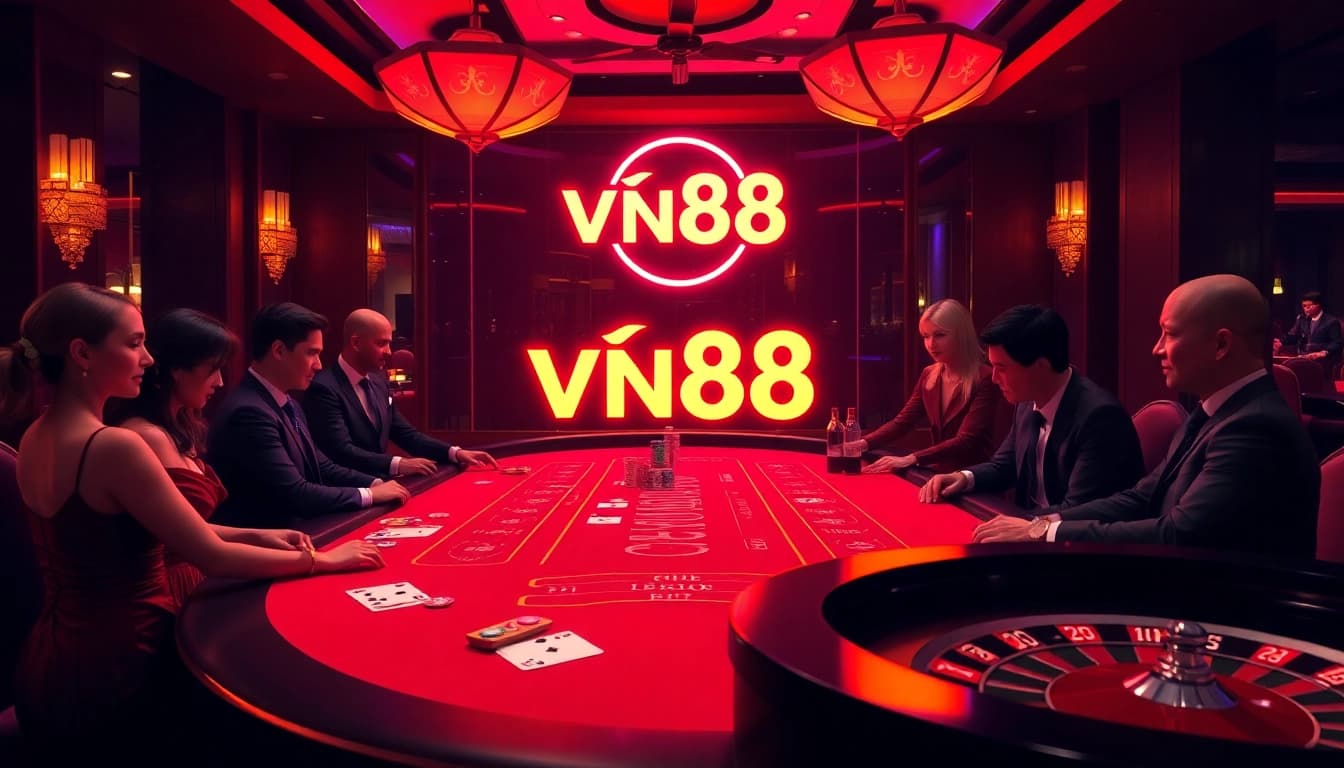 Engaging players at the vn88 baccarat table in a luxurious casino atmosphere with vibrant colors.