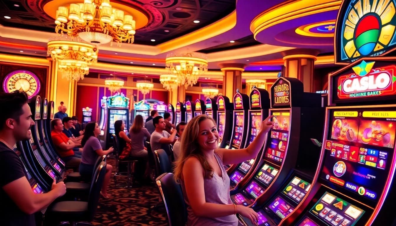 Players enjoying thrilling slot games at a vibrant casino.