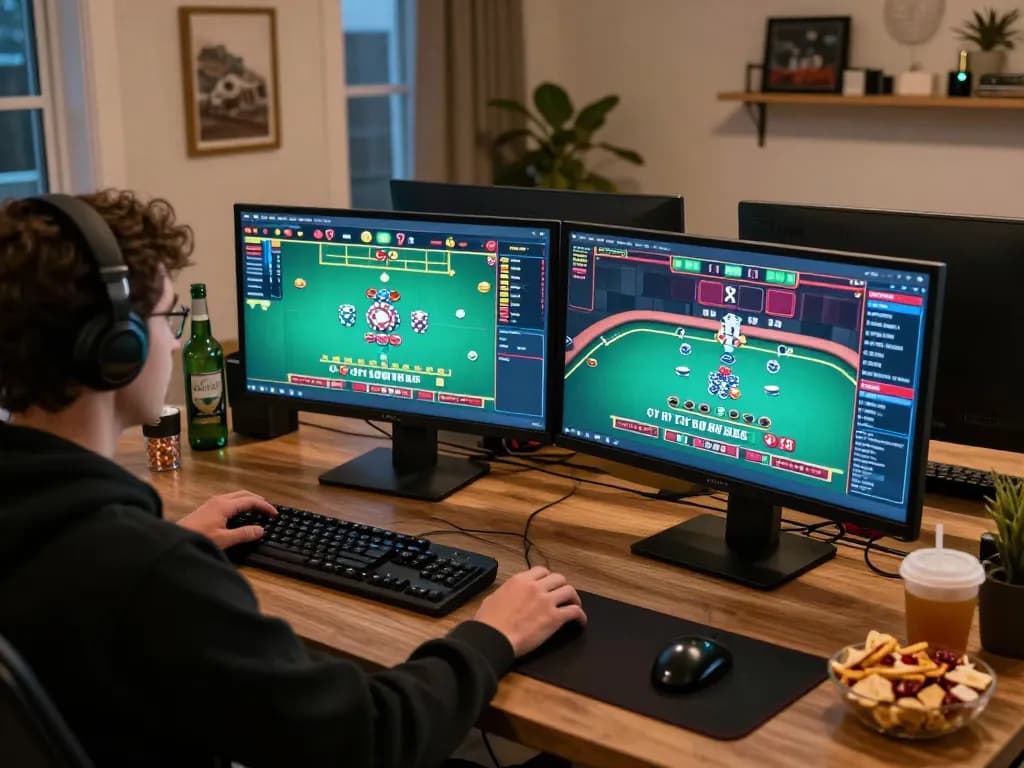 Engaging sports betting and online poker setup at https://rr888.shopping/, featuring dual monitors displaying live games and strategic gameplay.