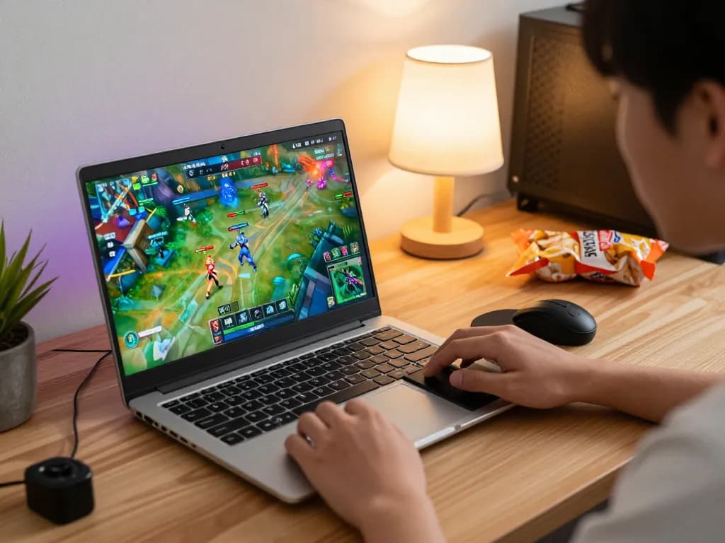 Hình ảnh một người chơi tham gia đá gà Thomo hôm nay với đồ họa sống động trên laptop, thể hiện hành động trực tuyến hấp dẫn