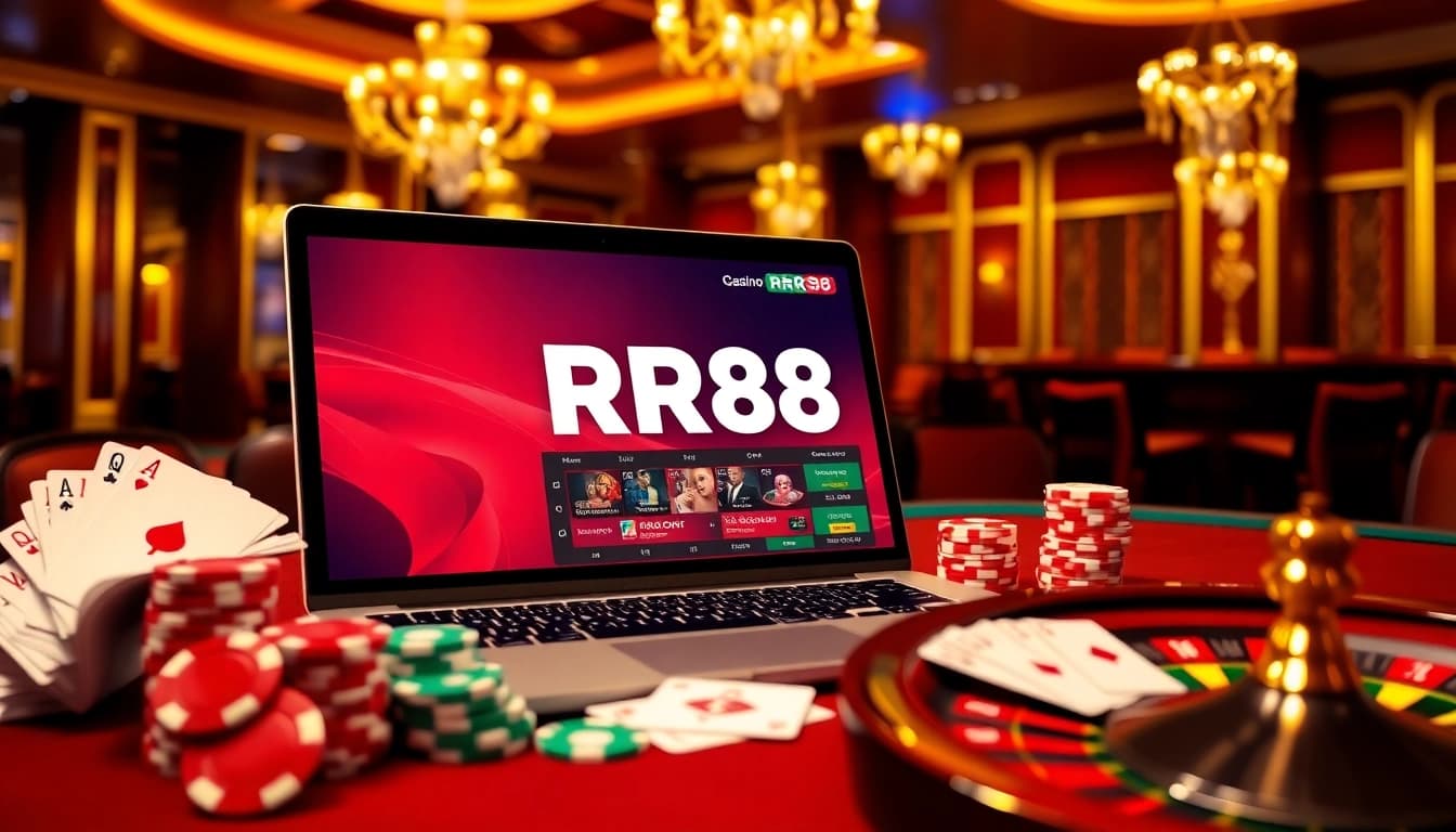 Experience thrilling gameplay at RR88 with vibrant poker chips and an elegant roulette wheel.