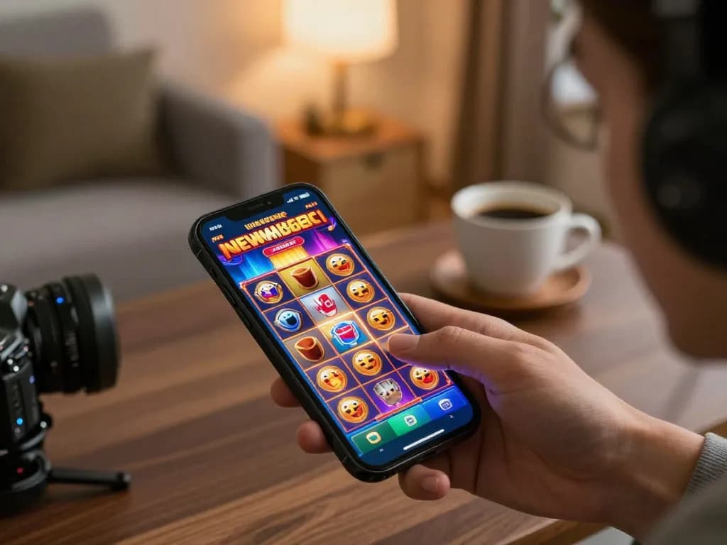 Engaging gameplay showcasing bonus new member promotion on smartphone, highlighting online slot excitement in a cozy home