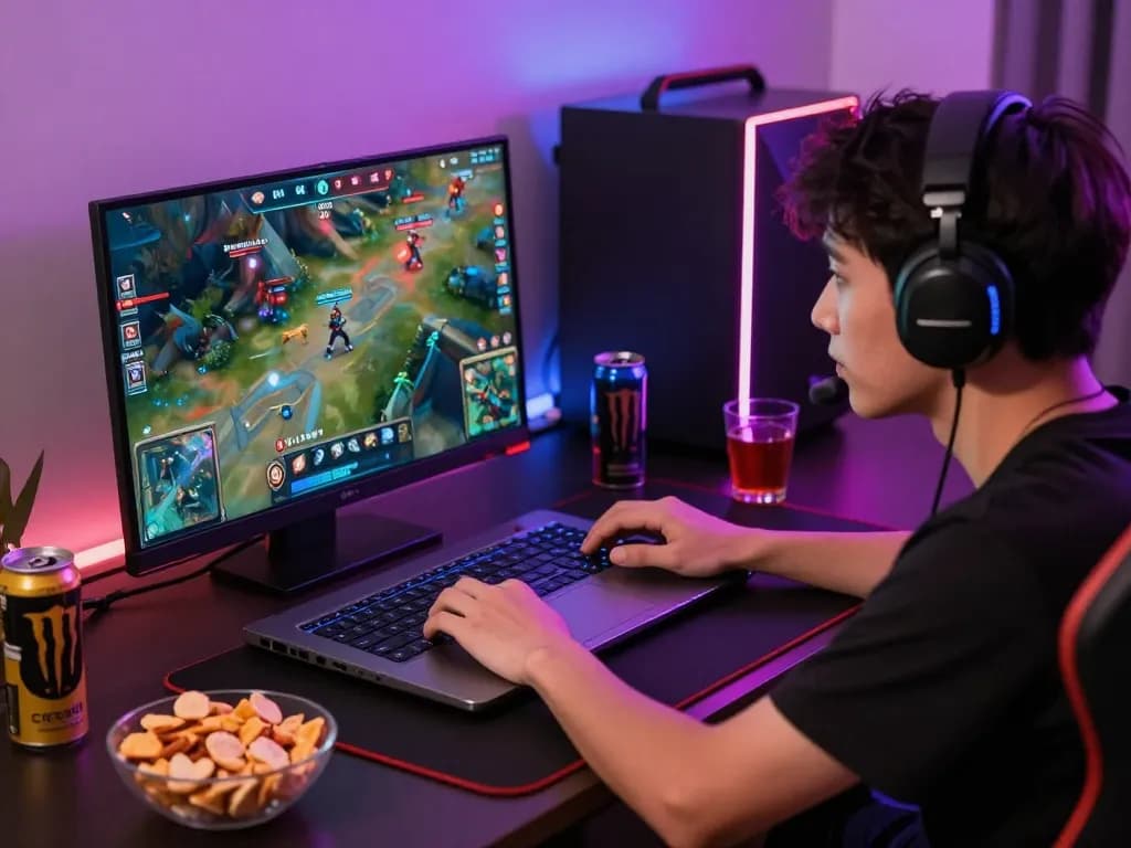 Engaging in esport betting Singapore with focused gamer analyzing strategies on a vibrant gaming setup