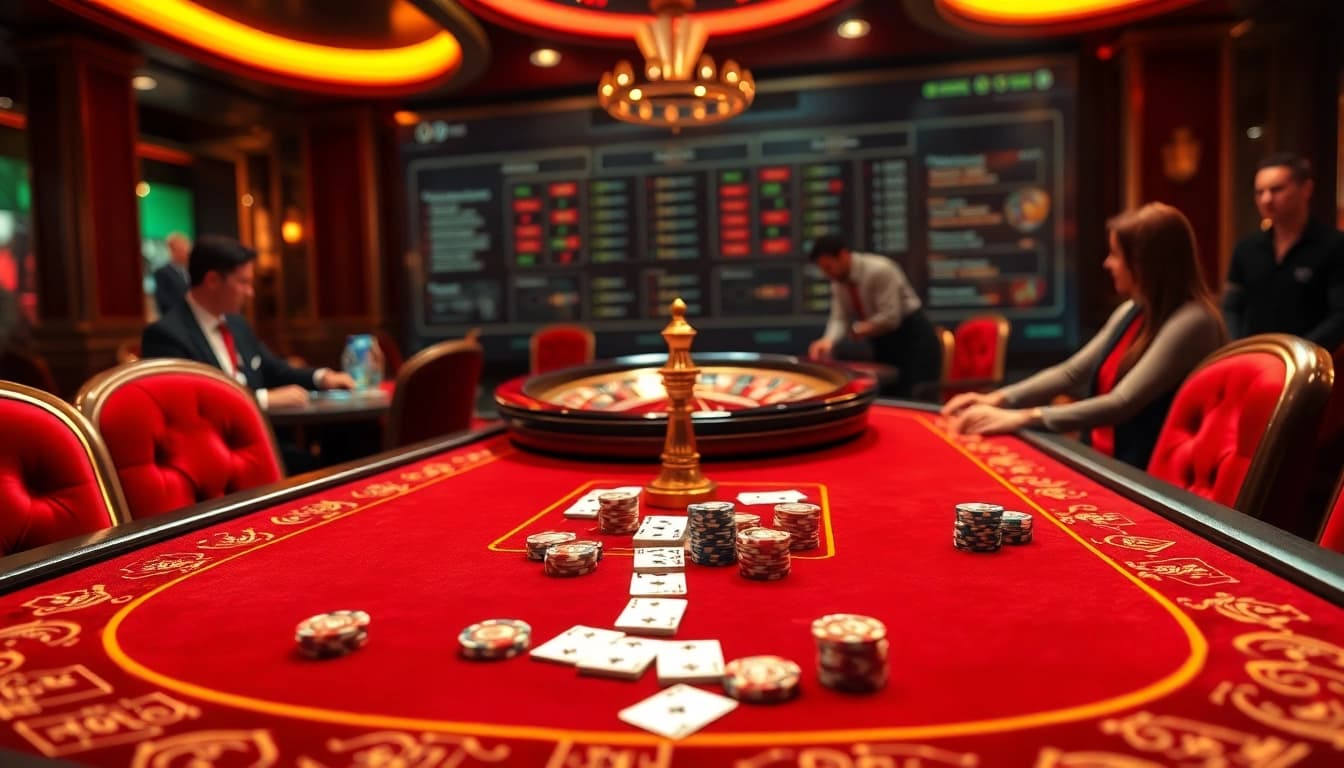 Visualize an engaging qh88 gaming table scene with lively players and a roulette wheel.