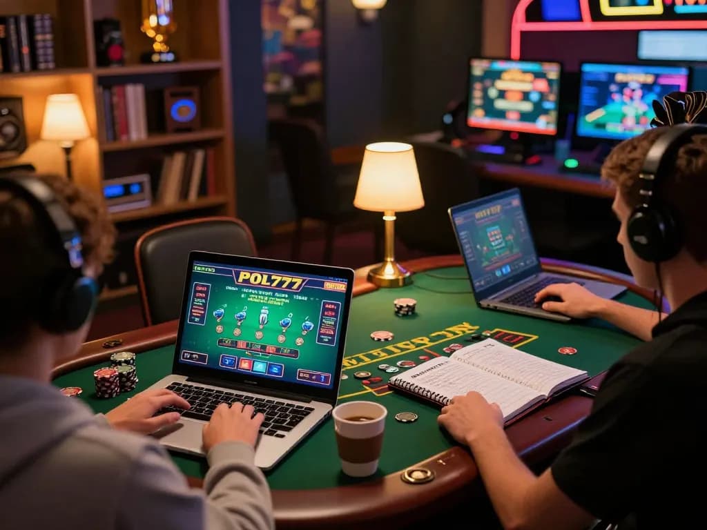 Permainan daring POL777 yang menarik dengan dealer langsung blackjack terlihat di layar laptop dalam pengaturan yang nyaman