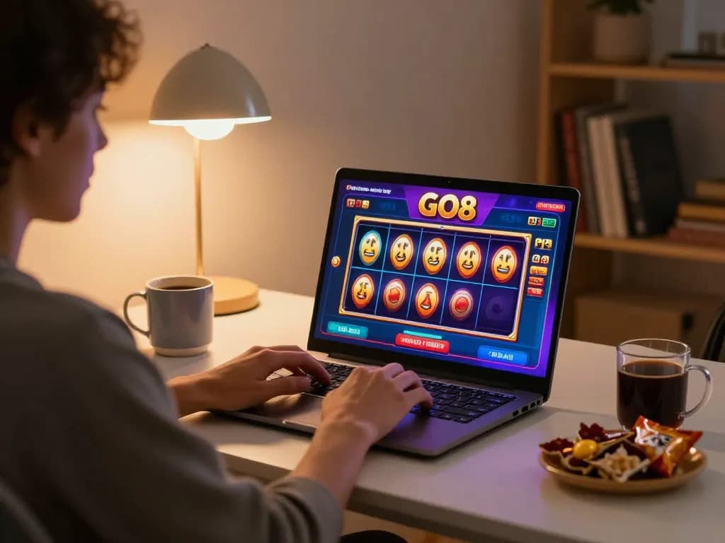 Player engaging in online gambling on GO8 while enjoying a cozy home setting
