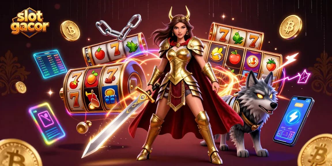 Win at slot gacor with a powerful warrior queen wielding a sword amidst slot reels and crypto symbols.